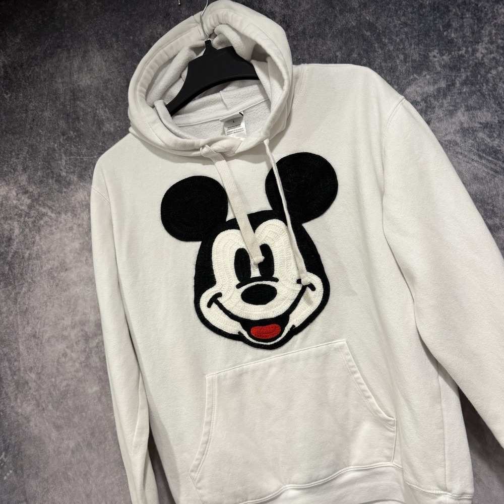 Disney Mickey Mouse Hoodie Women’s L White Chenille Applique Pullover Theme Park